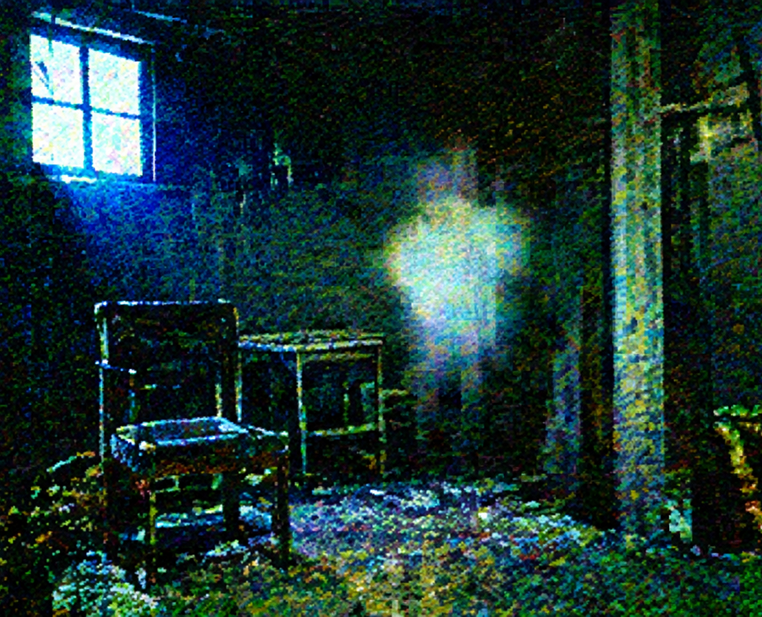 a dark room, a window, a chair, and something pale in the doorway